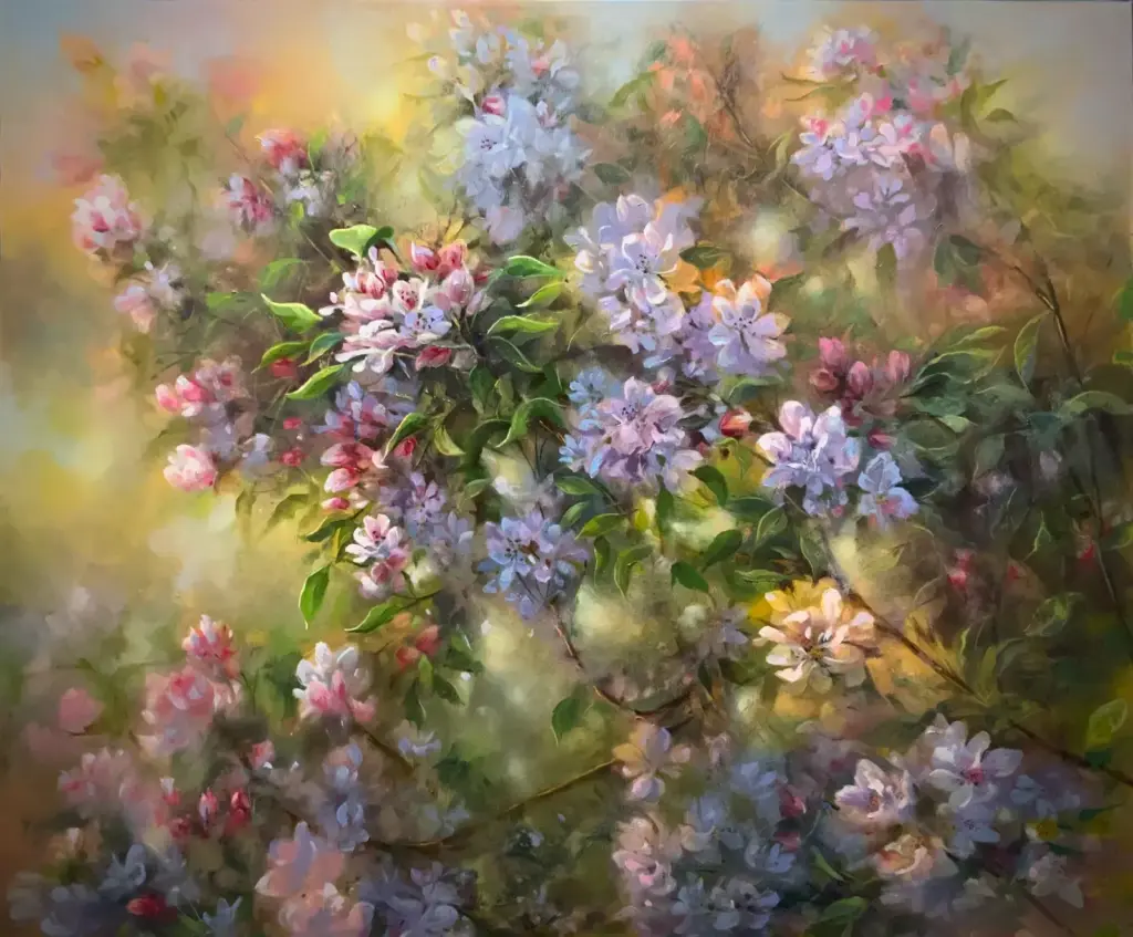 Apple Blossoms, oil on gallery canvas, by Barbara McGuey, AFCA