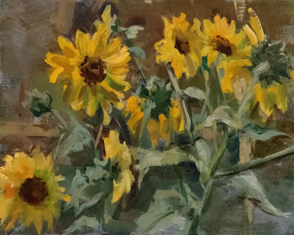 Sunflowers, oil on board, by Beata Stolarska