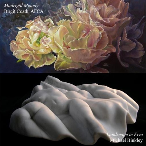 Madrigal Melody by Birgit Coath, AFCA, a painting of pale peonies, above Landscape in Five by Michael Binkley, a white marble sculpture