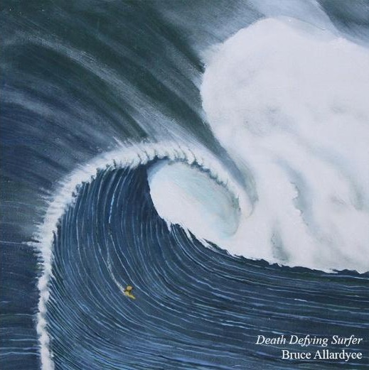Death Defying Surfer by Bruce Allardyce, a painting of a surfer beneath a huge breaking wave